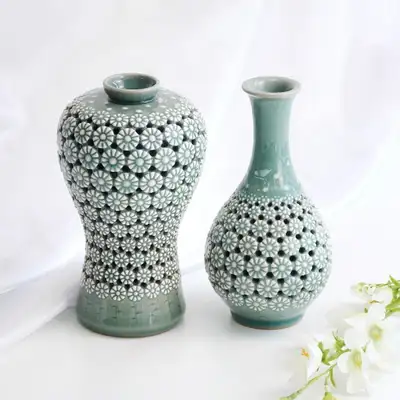 東城青磁 菊花文 透彫 梅酒瓶セット