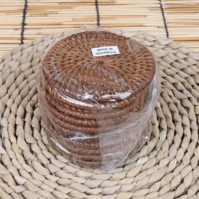 （10種）藤製 円形 茶卓 コースター セット 8cm