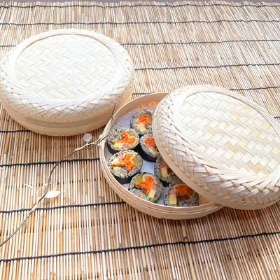 竹製ラウンド弁当箱（ピクニック お弁当 干し柿 韓菓子 餅 お弁当箱 遠足 キンパ 包装容器 餅かご）