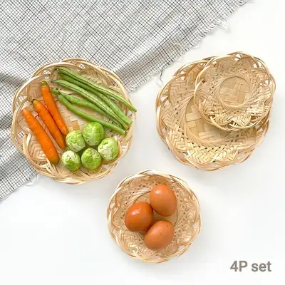 4Pセット 竹製フラワーザル（揚げ物皿 キャンピング ミニボウル 居酒屋 花ザル 和食料理 装飾小物）