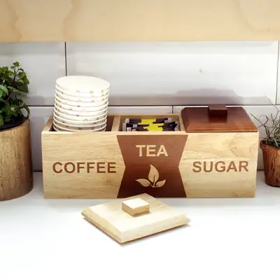 Wood 3-Compartment Tea Box | Wooden Break Room Coffee Organizer Storage