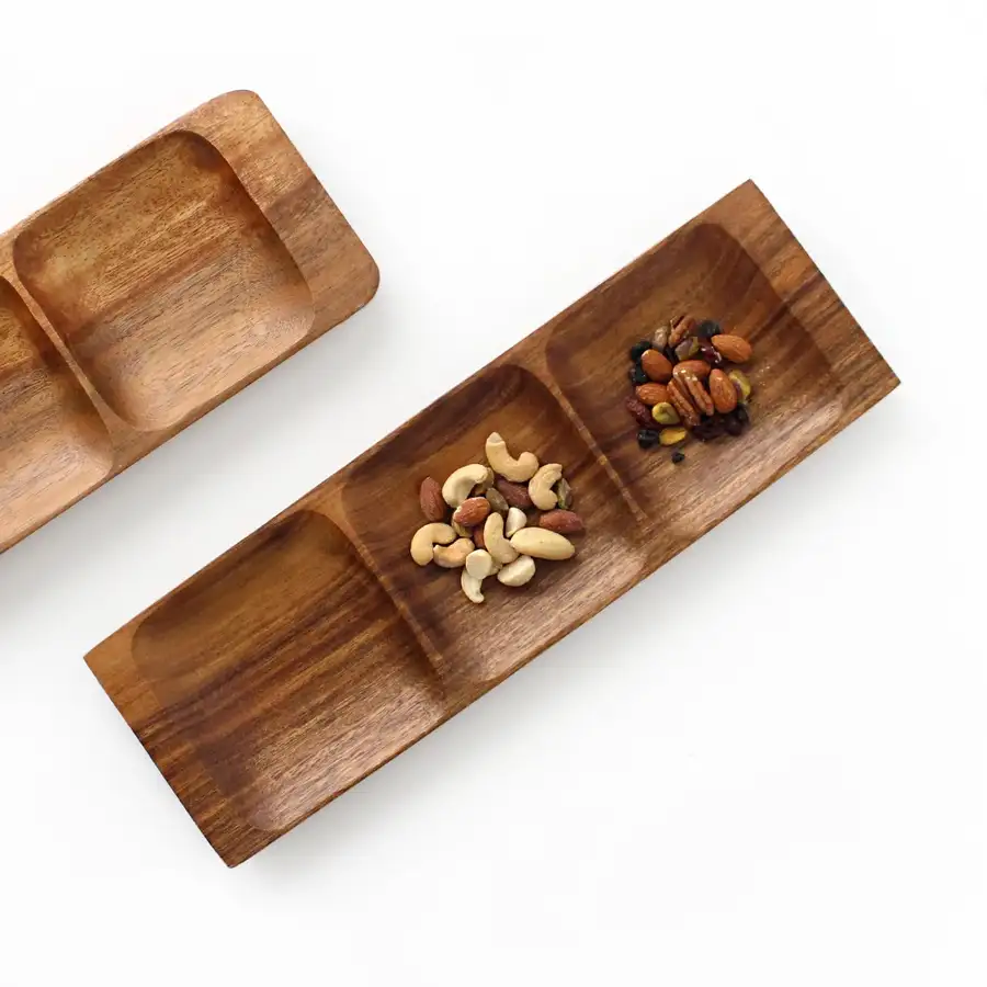 3-Compartment Wooden Sharing Plate - Low Rectangular Design for Snacks and Solo Dining — 1