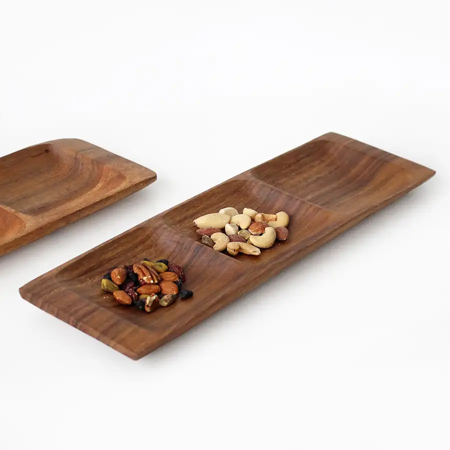 3-Compartment Wooden Sharing Plate - Low Rectangular Design for Snacks and Solo Dining — 2