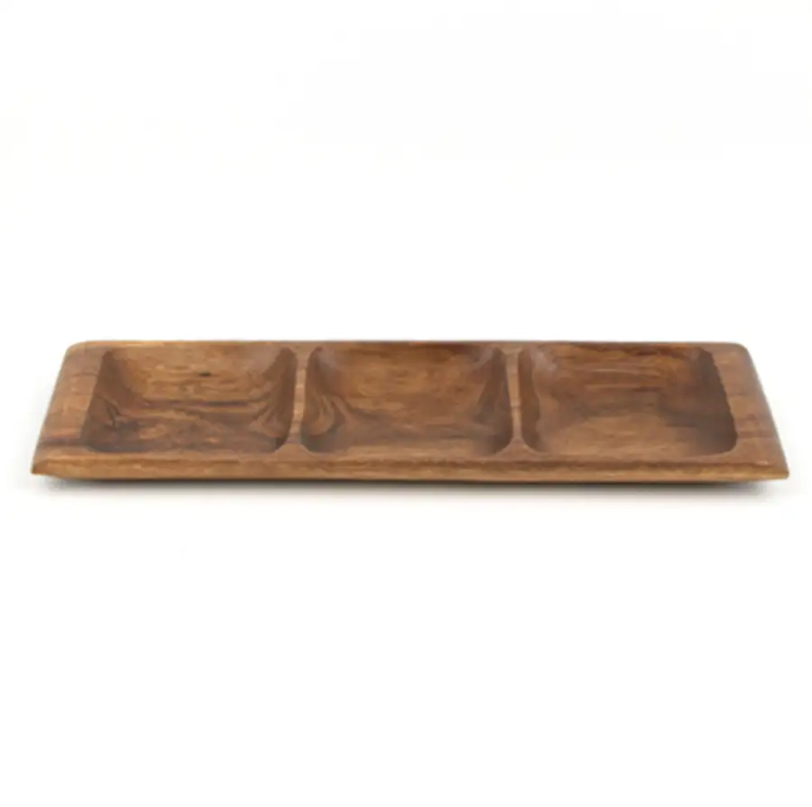 3-Compartment Wooden Sharing Plate - Low Rectangular Design for Snacks and Solo Dining — 3