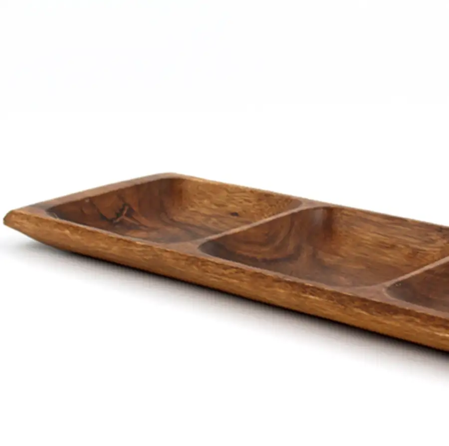 3-Compartment Wooden Sharing Plate - Low Rectangular Design for Snacks and Solo Dining — 4