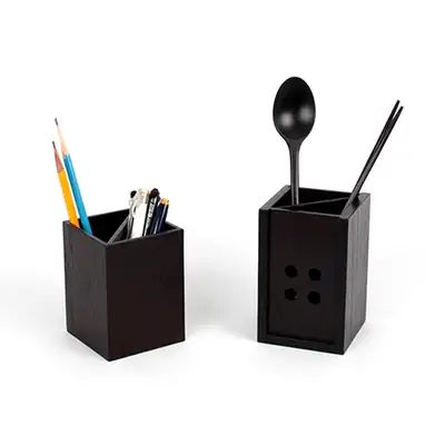 L Wood Rustic Square Container | Wooden Dining Utensil Holder Pencil Cup Brush Holder