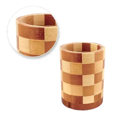 Chess Pattern Round Bamboo Container (Wood Organizer - Brush Holder, Utensil Holder, Pen Cup, Pencil Cup, Comb Holder, Ballpoint Pen Holder)
