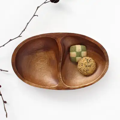 Oval 2-Compartment Wooden Bowl 2616 Snack Wood Sharing Dish Home Pocha