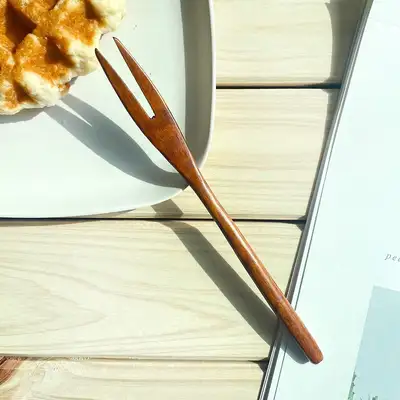 1P Two-Prong Rosewood Lacquered Fruit Fork | Tea Fork Wood Dessert Pick