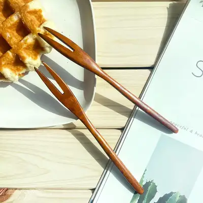 10-Piece Rose Wood Lacquered Fruit Fork Set | Wooden Tea Fork