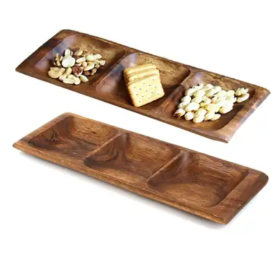 3-Compartment Divided Serving Dish Low Rectangular Wood Snack Appetizer Solo Drinking Bowl