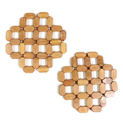 2-Piece Bamboo Octagonal Flower Pot Coaster Set | Natural Wood Bead Hot Pot Trivet