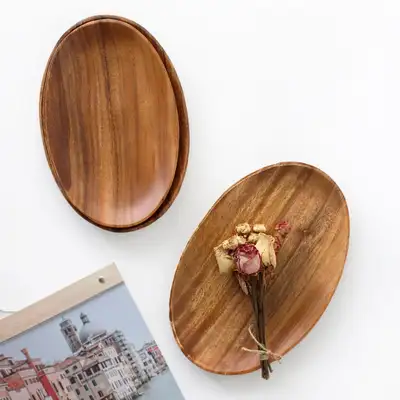 Acacia Low Oval Wood Plate (Aesthetic Camping Wood Bowl Home Café Plate Fruit Dish Tray)