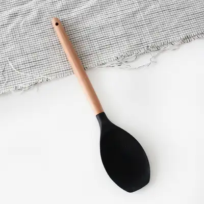 Black Wood Handle Silicone Multi-Purpose Stir-Fry Wooden Spoon Spatula