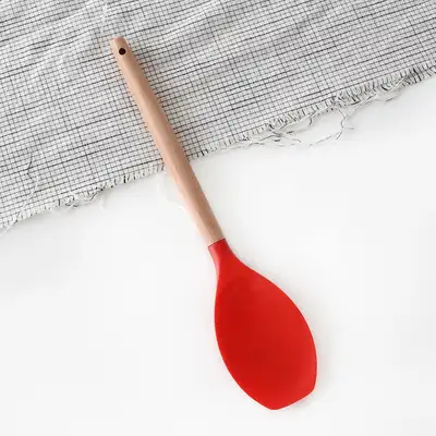 Red Wood Handle Silicone Multi-Purpose Frying Spoon | Wooden Spoon Spatula