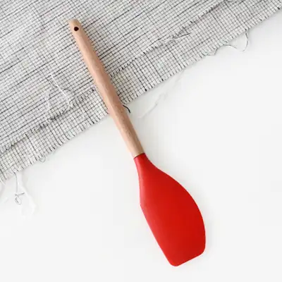 Red Wood Handle Silicone Scraper | Wooden Spoon Spatula