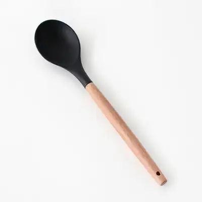 Black Wood Handle Oval Silicone Stir-Fry Spatula | Wooden Spoon