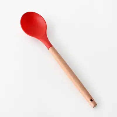 Red Wood Handle Oval Silicone Stir-Fry Spatula | Wood Spoon