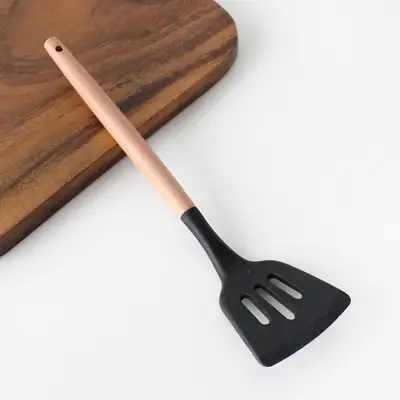 Black Wood Handle Silicone Hole Spatula | Pancake Turner Flipper
