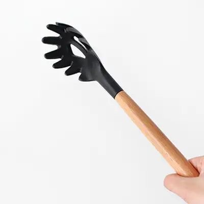 Black Wood Handle Silicone Noodle Ladle | Wooden Perforated Noodle Strainer