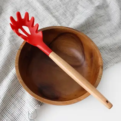 Red Wood Handle Silicone Noodle Strainer | Wooden Noodle Scooper