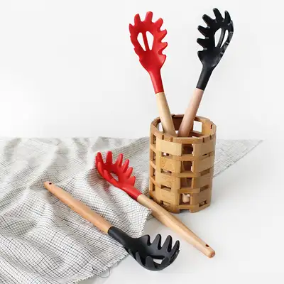 Wood Handle Silicone Perforated Noodle Strainer | Wooden Slotted Noodle Skimmer