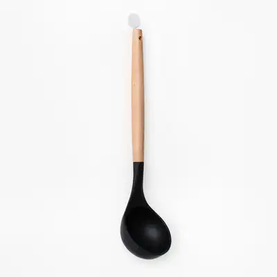 Black Wood Handle Silicone Ladle Round | Wooden Soup Cooking Tool