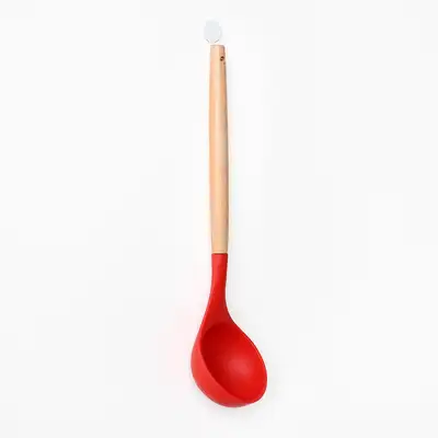Red Wood Handle Silicone Ladle Round | Wooden Cooking Utensil