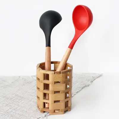 Wood Handle Silicone Ladle Round | Wooden Cooking Soup Utensil