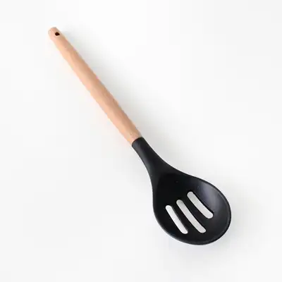 Black Wood Handle Perforated Oval Silicone Stir-Fry Spatula | Wooden Spoon
