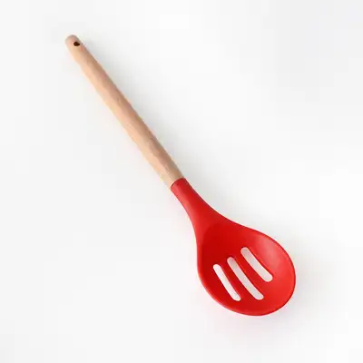 Red Wood Handle Perforated Oval Silicone Stir Fry Turner | Wooden Spoon