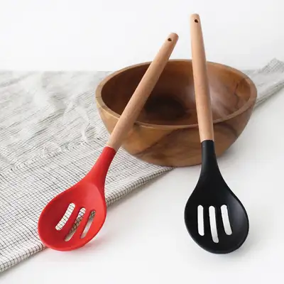 Wood Handle Perforated Oval Silicone Stir-Fry Spatula | Wooden Cooking Spoon
