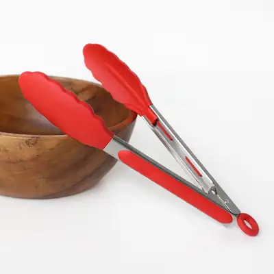 Red Stainless Steel Silicone Tongs | Cooking Kitchen Camping Salad Buffet