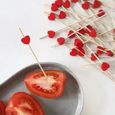 Red Heart Bamboo Color Fruit Pick Skewers 100P Hamburger Sandwich Mini Fork Cocktail Pick