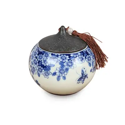 中国 二色青花白磁 茶筒 小