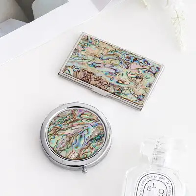 （2種）螺鈿漆器 オーロラ 名刺ケース+オーロラ ワンタッチ ハンドミラーM