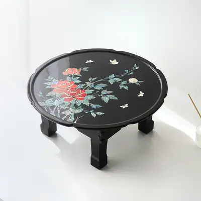螺鈿漆器 牡丹花 彩画 花楕円 折りたたみ自貝卓 45センチ