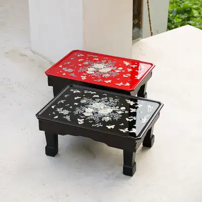 螺鈿漆器 ビビッド牡丹花と蝶 折りたたみ式 貝殻茶卓 45センチ
