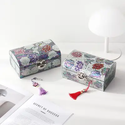 螺鈿漆器 彩色牡丹 丸型 二段 貝細工ジュエリーボックス 21センチ
