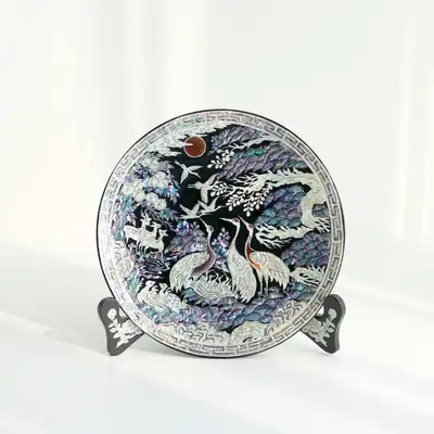 螺鈿漆器 十長生図 装飾用 ミニ 貝細工盆 黒 20センチ