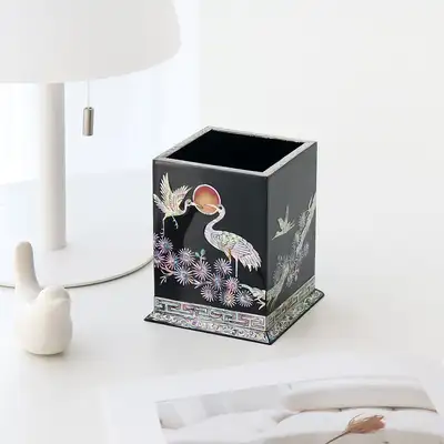 螺鈿漆器 彩色 仙鶴（黒）四角 貝殻 ペンシルホルダー＆ペンホルダー