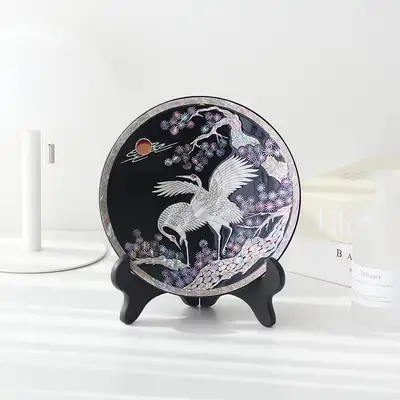 螺鈿漆器 月鶴 装飾用 ミニ 貝殻盆 18cm