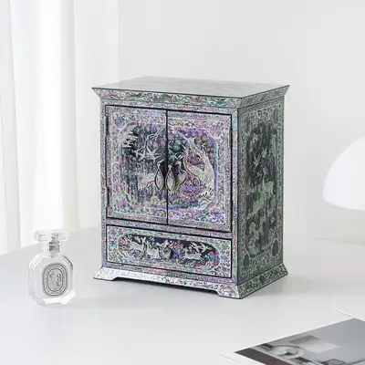Mother-of-Pearl Lacquerware Ten Symbols of Longevity Double-Door Drawer Jewelry Box (Large)