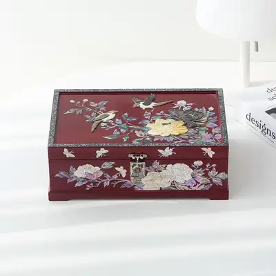 高級螺鈿漆器 牡丹文様 2段 貝殻ジュエリーボックス 赤 30センチ