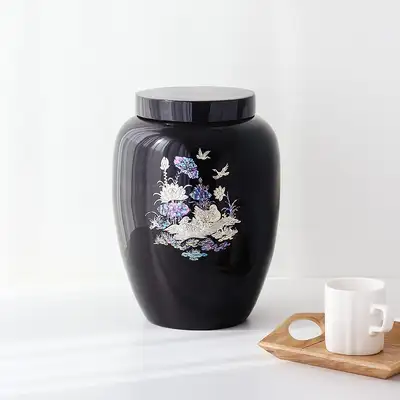 螺鈿漆器蓮花鶯竹自貝米びつ（内部漆塗）4kg