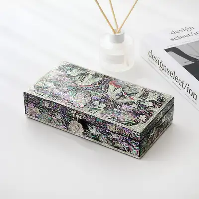 螺鈿漆器 松鶴唐草 1段 貝細工ジュエリーボックス 23cm ブラック（長泰復文化財技能保有者作品）