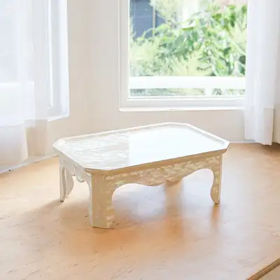 螺鈿漆器 アイボリー 長方形 ミニ 貝細工卓 36センチ