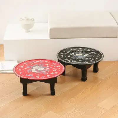 螺鈿漆器 ビビッド 牡丹蝶 花形円形 折りたたみ式 螺鈿卓 45cm