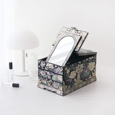 螺鈿漆器 華やかな牡丹花 貝殻 鏡台宝石箱(特大)
