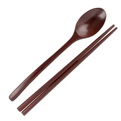 Traditional Natural Lacquer Small Spoon and Chopstick Set Brown (Korean Restaurant Wood Utensil Cooking Tool Spoon Chopsticks)